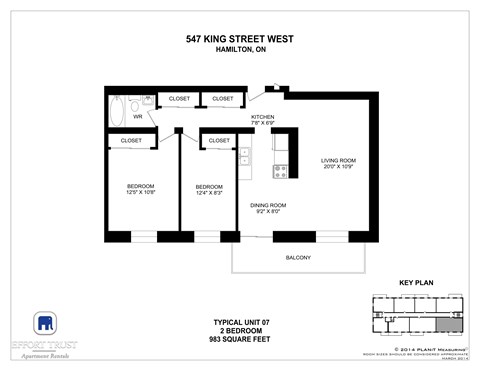 A floor plan for a 2 bedroom apartment at 547 King Street West, Hamilton, ON.